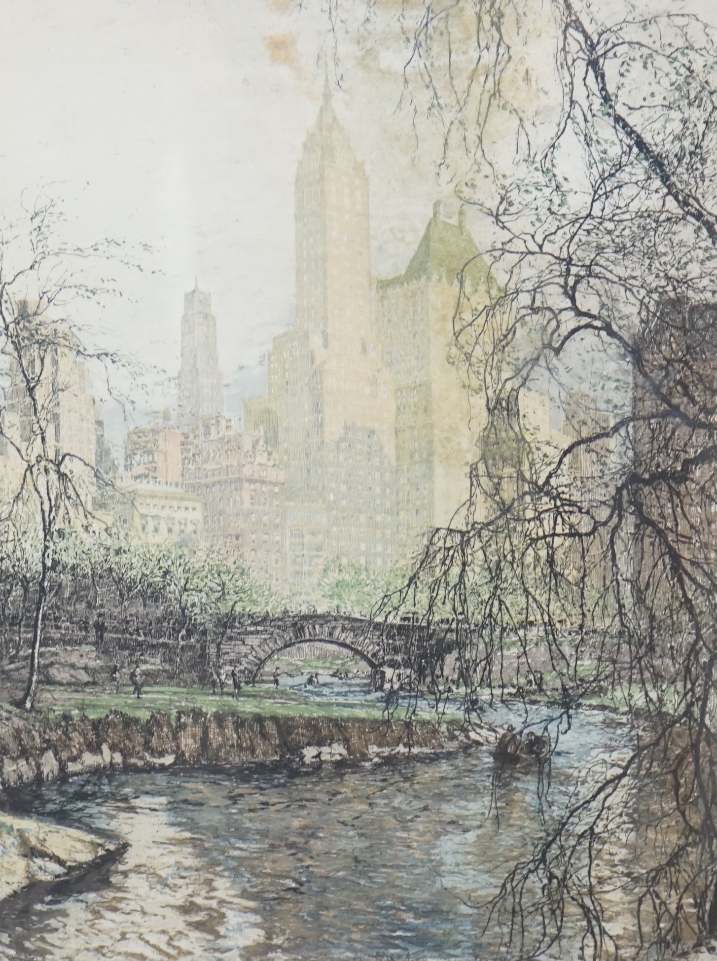 Tanna Kasimir Hoernes (Austrian, 1887-1972) colour etching, 'Central Park, New York', signed in pencil, J Assenheim & Son label verso, 42 x 32cm